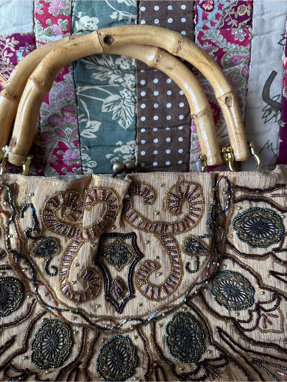 Vintage Embellished Bamboo-Handle Shoulder Bag in Beige